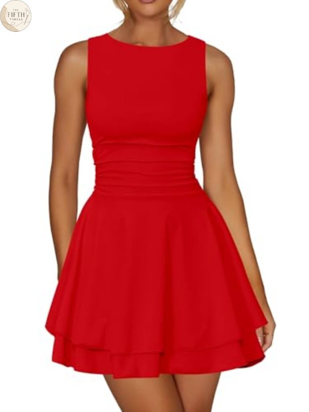 Ruffle Hem Boat Neck A-Line Mini Party Dress Sleeveless Ruched